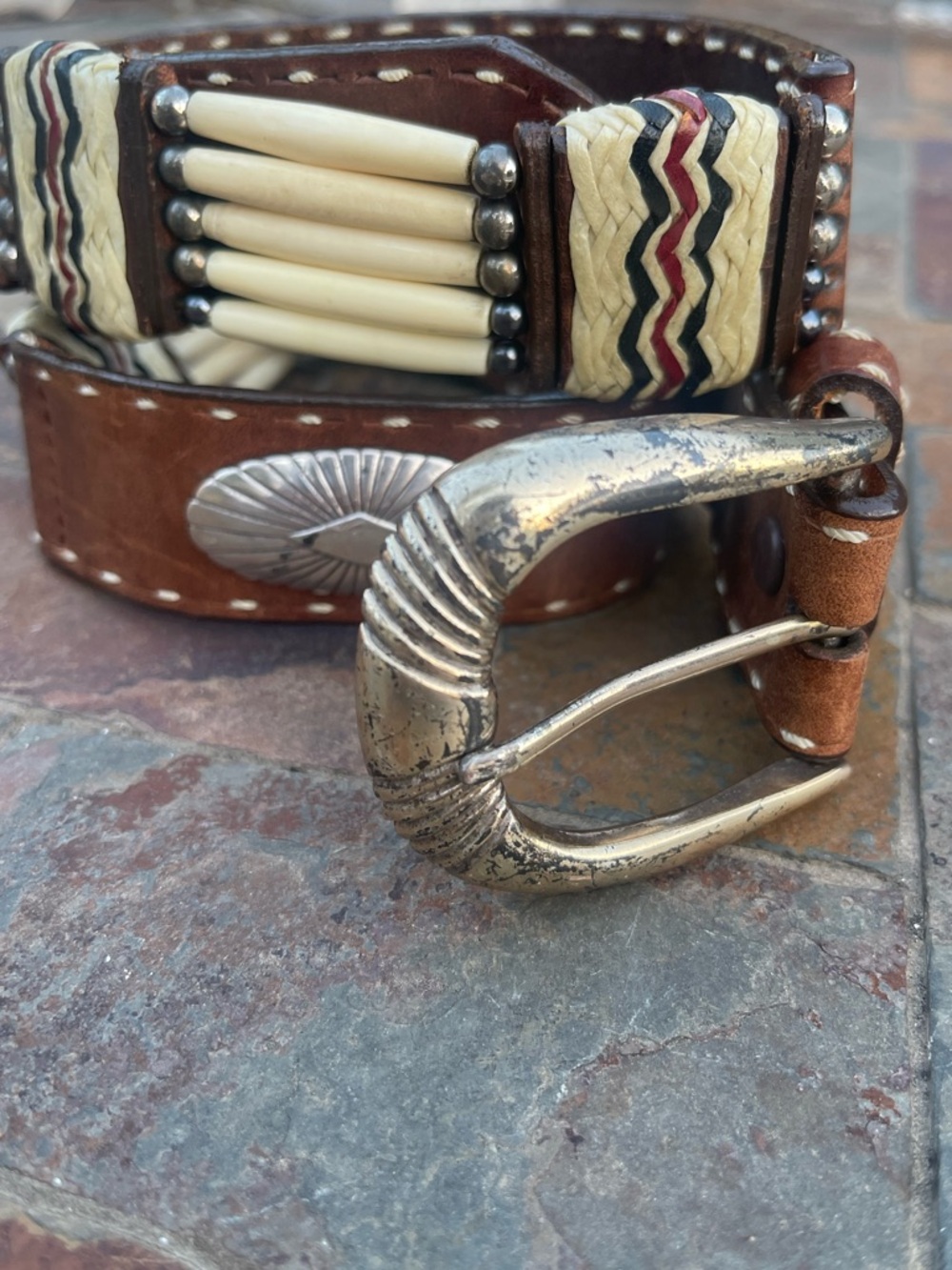 Justin vintage belt bone pipe beads, chevron-patterned weaving/silver buckle